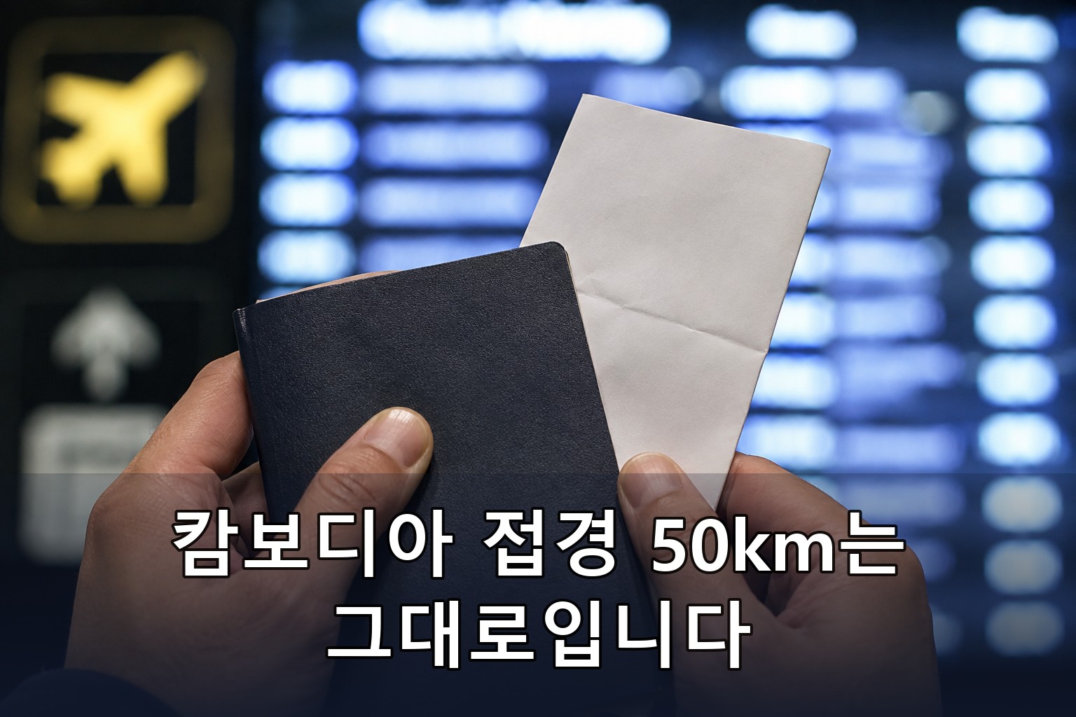 여권과 항공권을 든 손이 공항 출발 안내판 앞에서 멈춰 선 클로즈업. 사진 하단에 캄보디아 접경 50km는 그대로입니다 라는 문구가 얹혀 있습니다