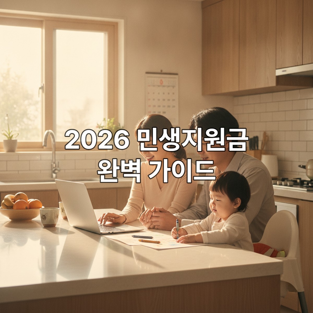 한국인 가족이 노트북으로 민생지원금 신청 서류를 확인하며 미래를 계획하는 모습. 따뜻하고 희망적인 분위기.