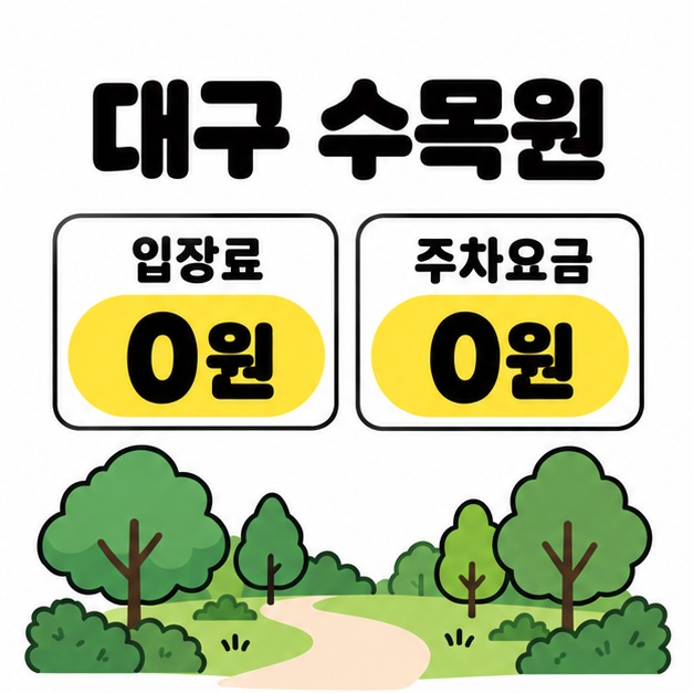 대구 수목원 제목 아래 입장료와 주차요금이 각각 0원으로 표시되고 나무 사이 산책로가 그려진 대표 이미지