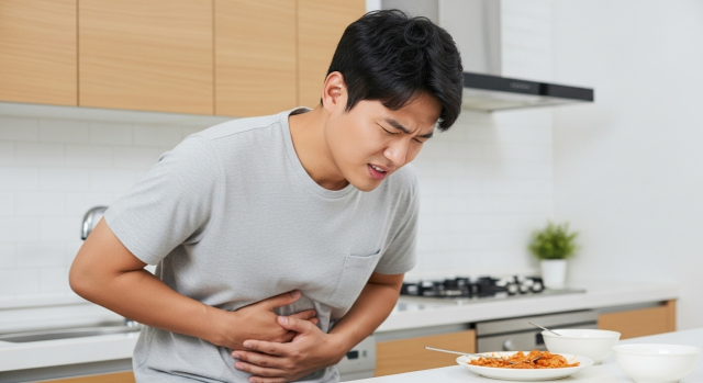 복부 팽만으로 불편해하는 남성