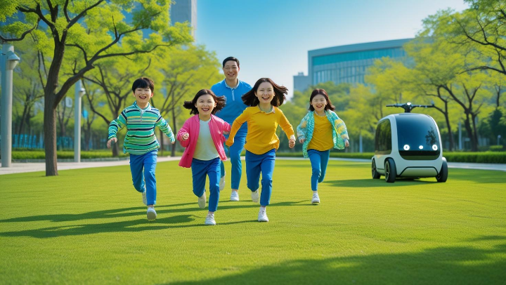 미래형 모빌리티와 함께 공원에서 즐거운 시간을 보내는 가족