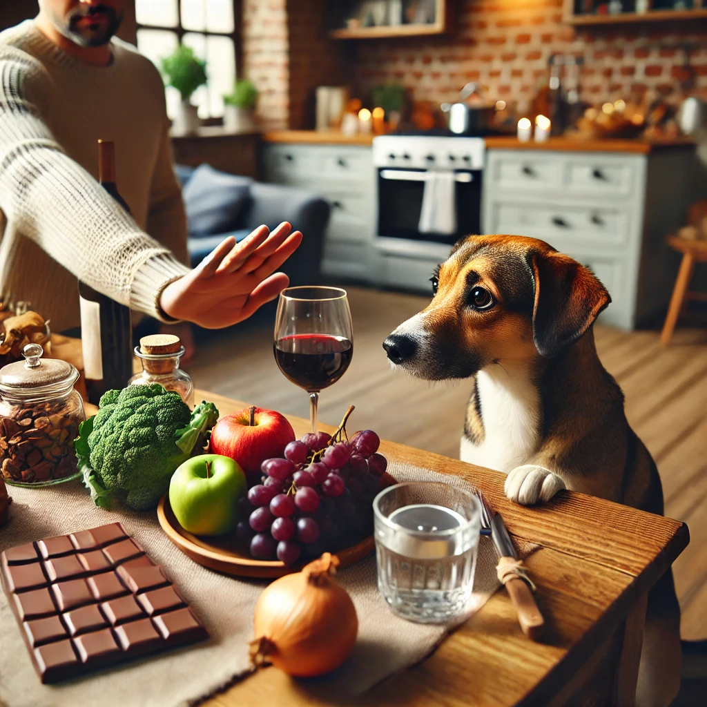 식탁위의 반려견이 먹으면 안되는 음식 막는 모습