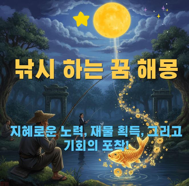 꿈속에서 낚시를 하는 장면입니다. 달빛이 강한 늦은밤에 한 남성이 반짝이는 금붕어를 잡았고 반대편에서 여성도 붕어를 잡아 올리는 장면