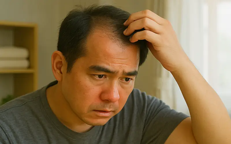 정수리 탈모와 두피열 증상을 확인하는 40대 남성