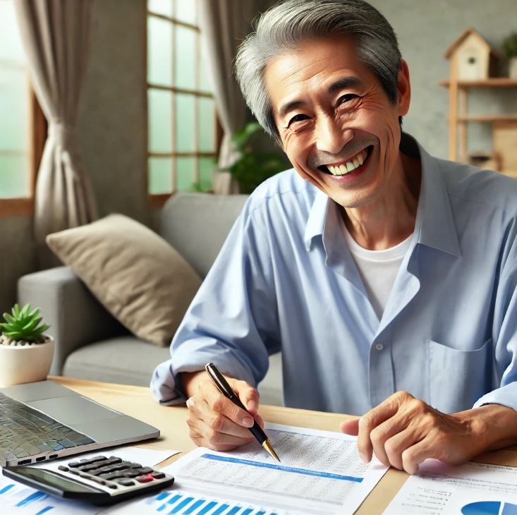퇴직 계획을 검토하며 미소 짓는 노인 남성