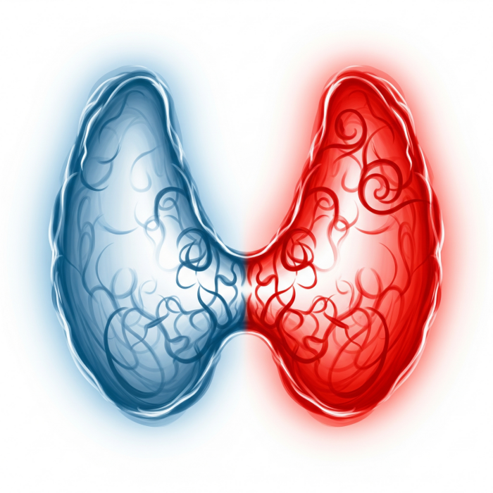 나비 모양의 갑상선을 두 가지 색상으로 나누어 갑상선 기능의 균형과 불균형을 표현한 추상 이미지.