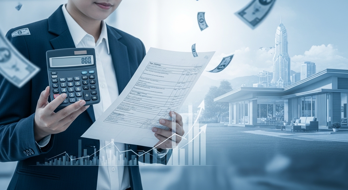 연말정산을 준비하며 연금저축 서류를 검토하는 사람의 모습과 노후의 안정적인 풍경이 어우러진 이미지. 세금 혜택과 은퇴 준비를 상징하며 금융 지식과 희망적인 미래를 나타냅니다.