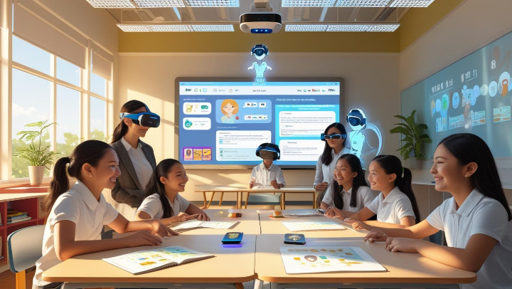 AI와 메타버스 기술이 융합된 스마트 교실에서 학생들이 태블릿과 가상현실 기기를 활용해 몰입형 학습을 진행하는 모습