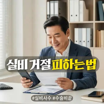 * 이미지 프롬프트: #모던 #미니멀 #깨끗한 #자연광 키워드를 반영한 디자인. 밝고 선명한 톤의 자연스러운 아날로그 필름 실사 스타일. 50대 한국인 남성이 서재의 깨끗한 책상에 앉아, 여러 장의 보험 약관 서류와 스마트폰 화면을 대조하며 안도감과 자신감 있는 미소를 띠고 있는 모습. 복잡한 보험 청구 문제를 완벽하게 해결하고 금전적인 걱정을 덜어낸 중년 남성의 여유로운 상황을 연출. 불쾌감을 주는 병원이나 수술실 묘사 금지. 글자 없는 고화질 이미지.
* 썸네일 텍스트(제목): 실비 거절 피하는 법
* 해시태그: #실비사수 #수술비끝