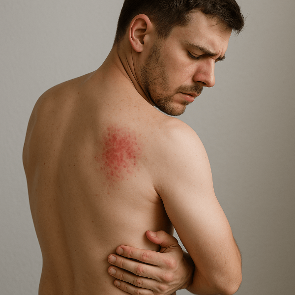 등 한쪽에 붉게 번지는 대상포진 수포를 살펴보는 남성