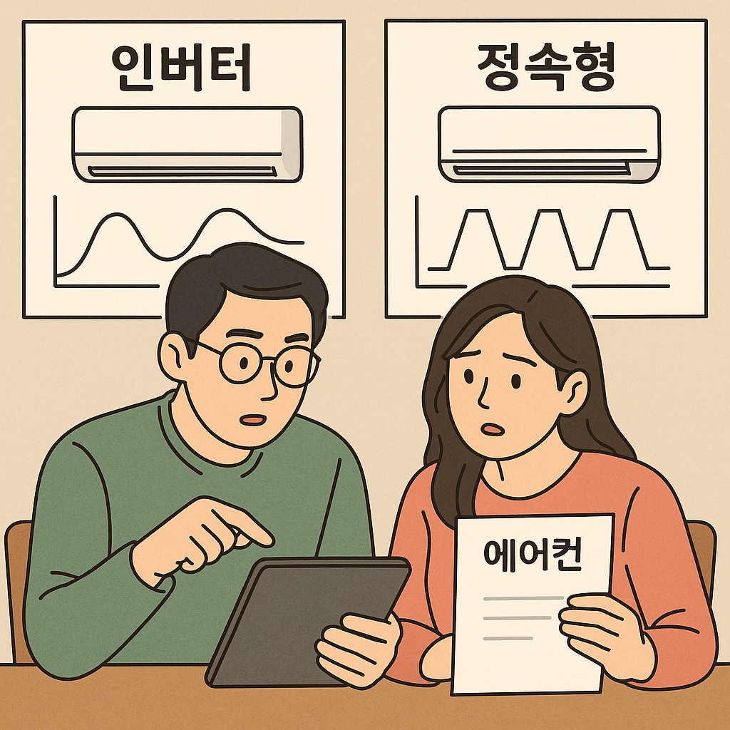 인버터와 정속형 에어컨을 비교하는 부부