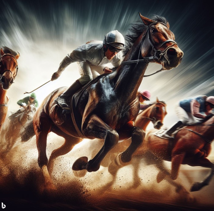 경마에서 다른 기수들보다 훨씬 앞서 가는 기수(made by Bing)