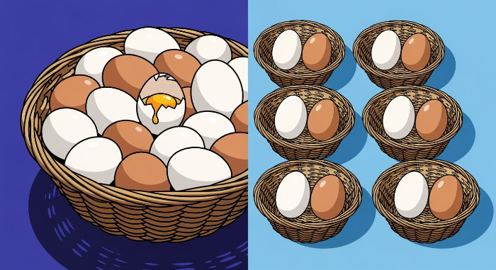 여러 바구니에 달걀을 나누어 담아 분산 투자의 중요성을 시각적으로 보여주는 그림. 한 바구니에 담긴 달걀이 깨진 모습과 대비됨.