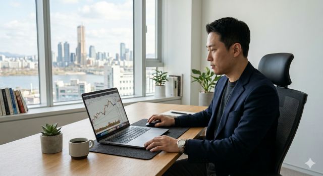 코스피 투자 타이밍을 분석하며 노트북으로 주식 차트를 확인하는 개인 투자자