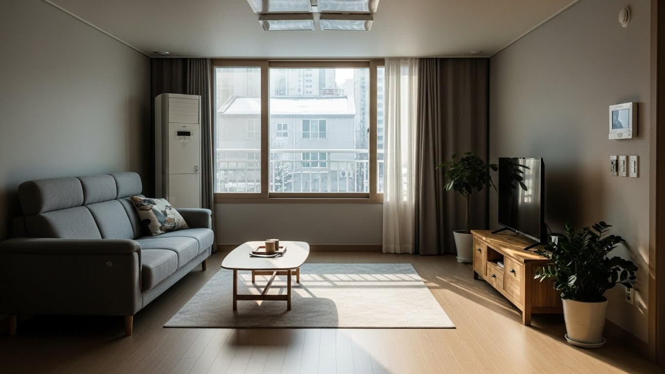 겨울철 난방을 사용하는 아파트 거실 내부 모습으로, 도시가스 절약 캐시백 제도의 생활 환경을 보여주는 이미지