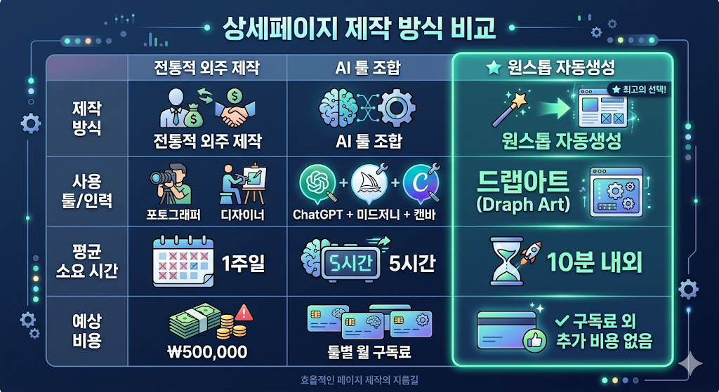 상세페이지 제작 방식별 소요 시간 및 예상 비용을 비교한 막대그래프