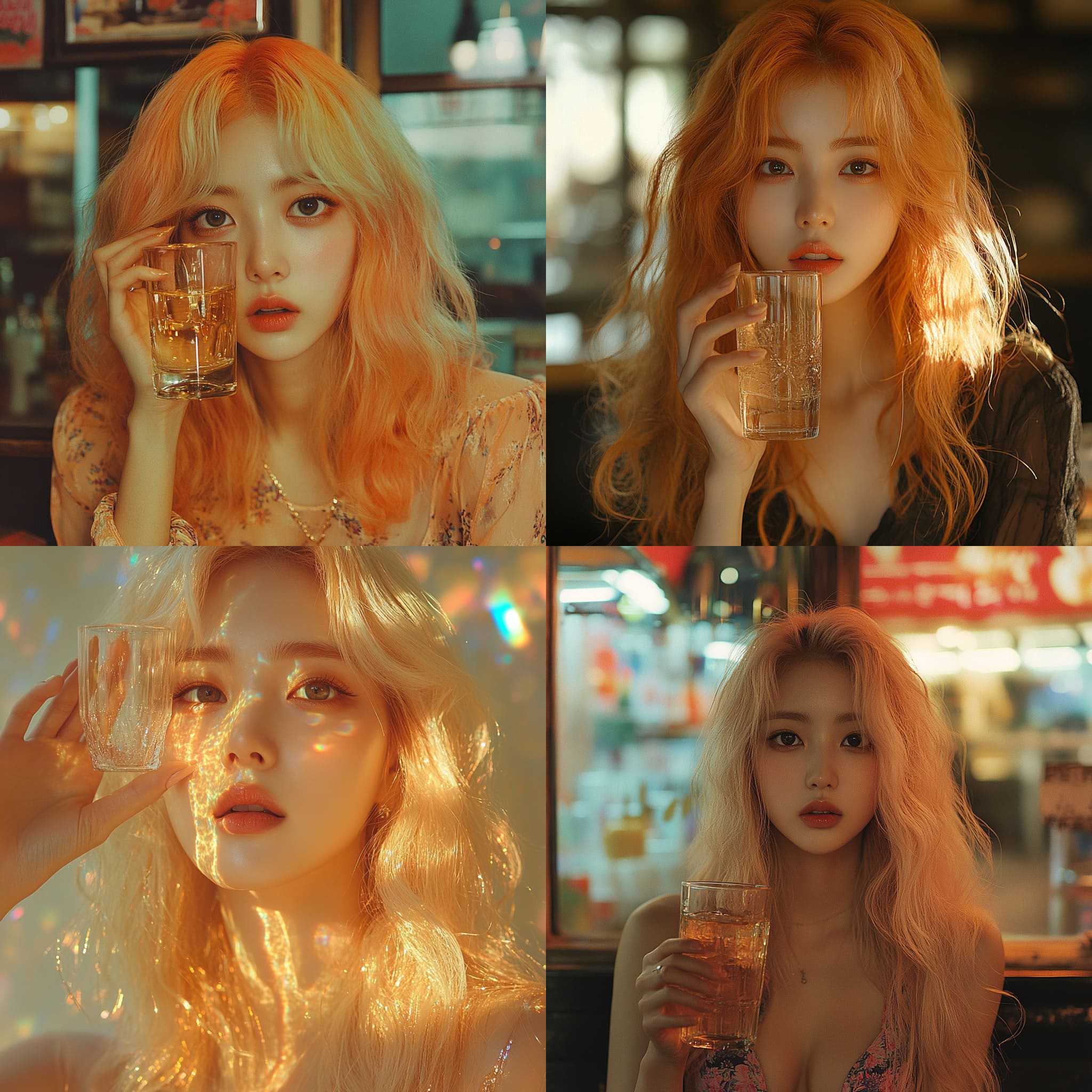 South korea, 20-year-old woman, intelligent appearance, gold hair, long haircut, Cover her face with a glass. --s 500