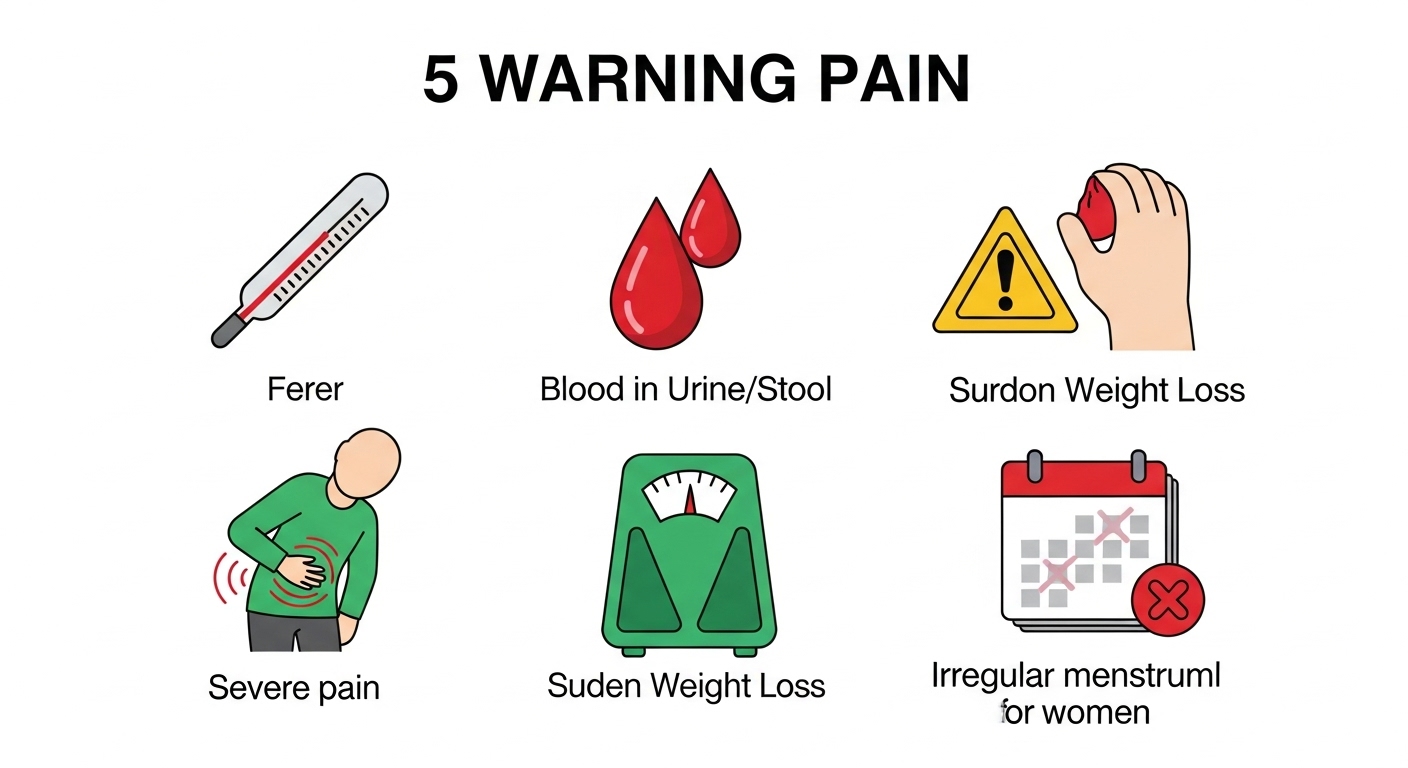 왼쪽 옆구리 통증의 5가지 위험 신호를 상징하는 아이콘들: 발열, 혈뇨, 체중 감소, 심한 통증, 비정상적인 생리 통증.