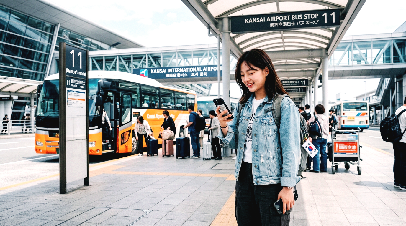 간사이 공항 버스 정류장에서 스마트폰으로 버스 예약 내역을 확인하고 있는 20대 여성 여행객의 모습