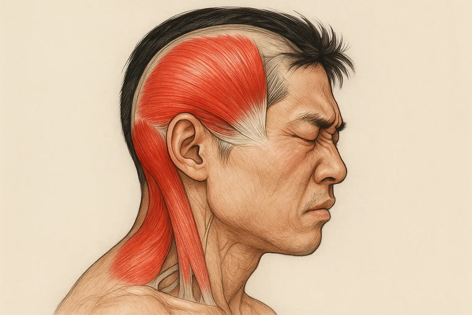 스트레스로 긴장된 측두근&middot;후두근 부위에 붉은색 표시가 된 머리 근육 해부학 이미지. 근육이 딱딱하게 뭉쳐 두피를 당기는 모습