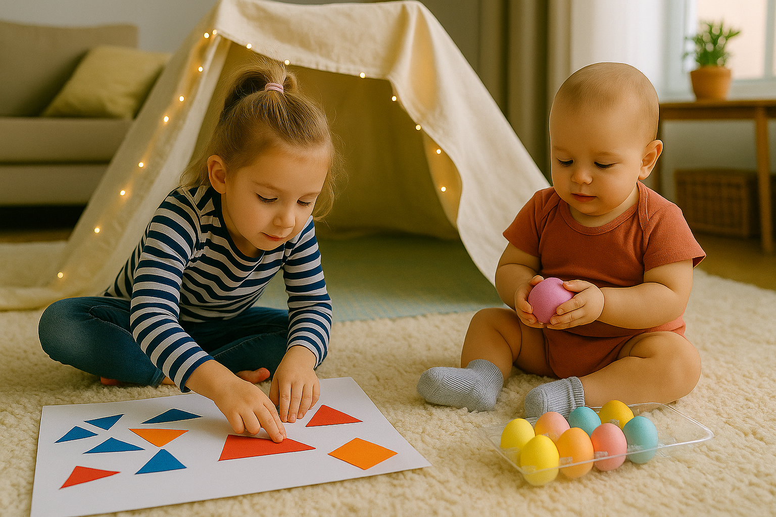 형형색색의 종이 도형을 바닥에 붙이는 여자아이와, 색색의 달걀 모형을 만지고 있는 아기. 뒤에는 조명이 달린 천막 놀이집이 있다.