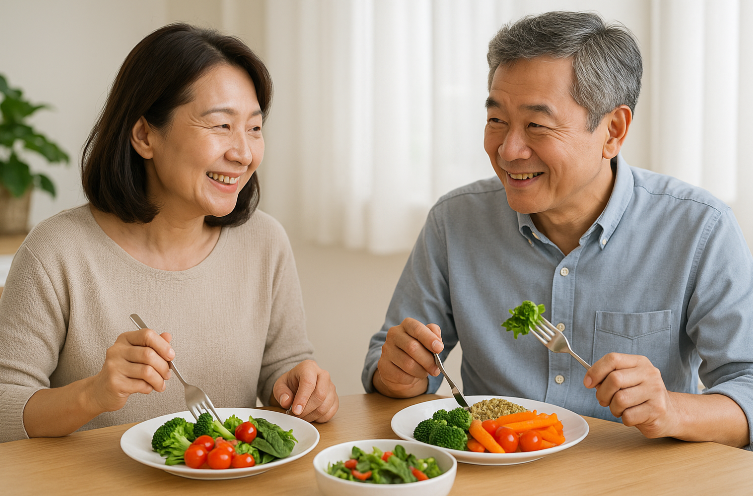 건강식을 먹고 있는 중년 부부