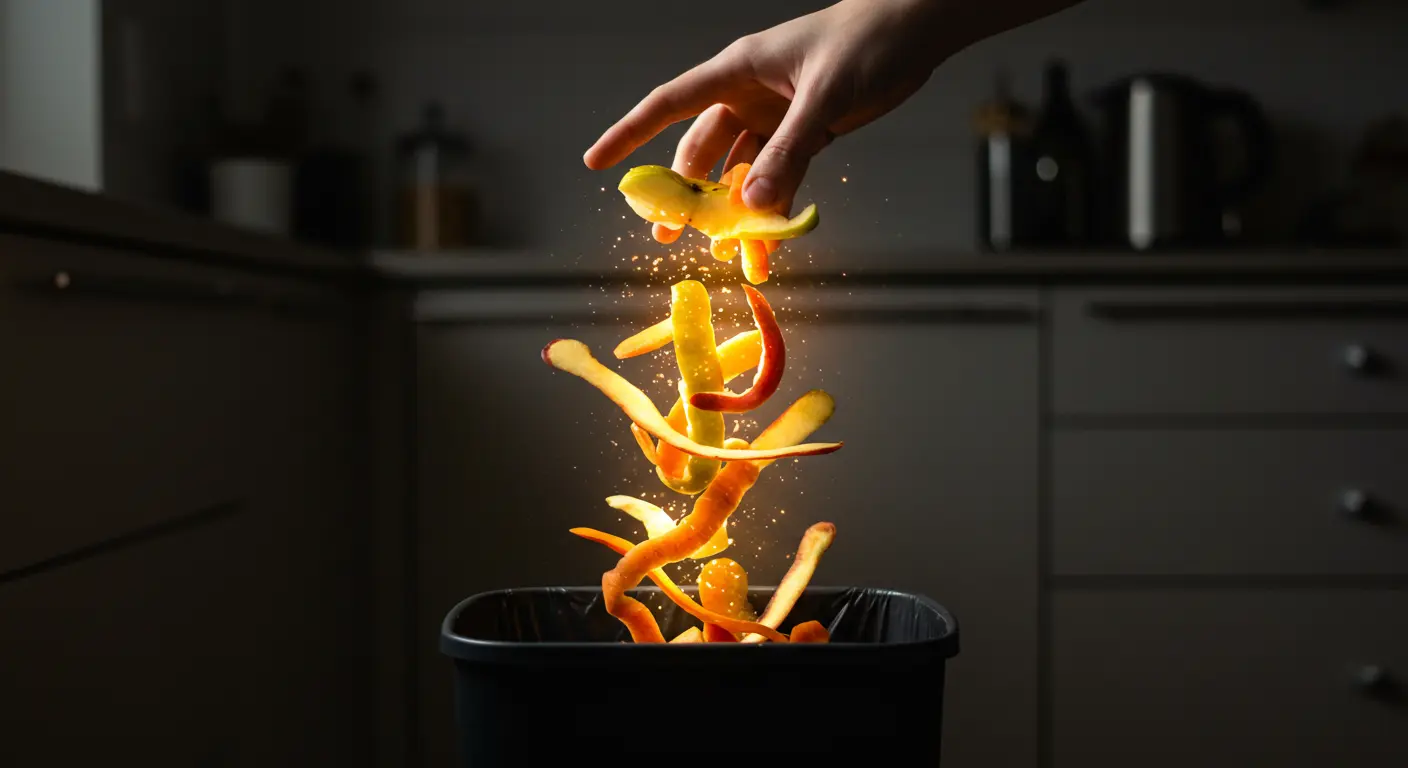 쓰레기통 위에서 빛나는 과일 껍질을 들고 있는 손 - 버려지는 영양소의 가치를 표현한 이미지