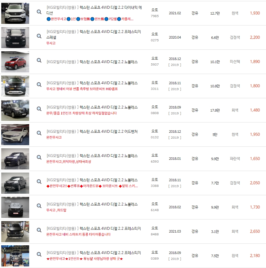 렉스턴 스포츠 중고차 시세 : 1,090만원~2,990만원