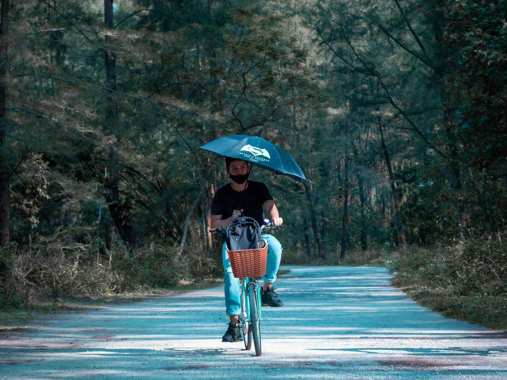 양산을 받쳐들고 숲길을 자전거 타고 가는 남자 (여유와힐링되는 느낌의 이미지)