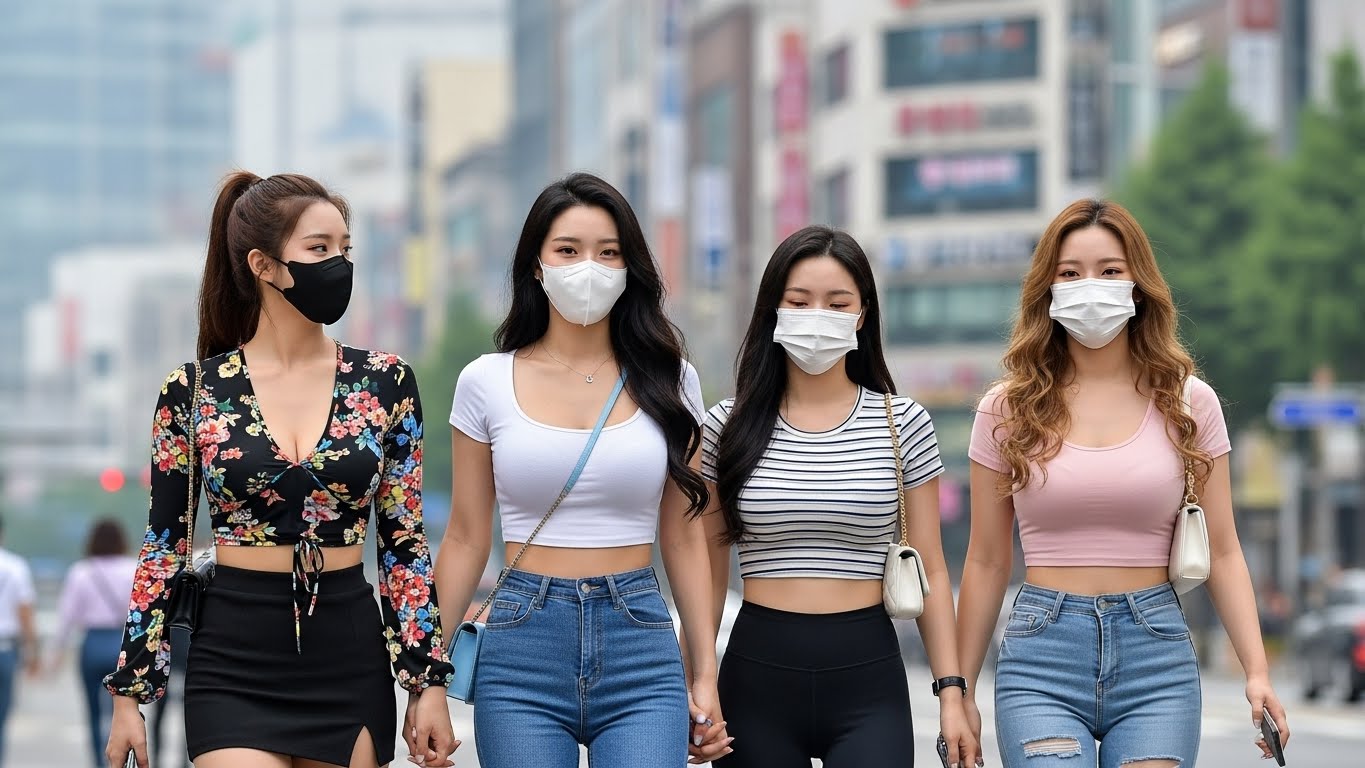 마스크를 쓰고 걸어가는 여성들