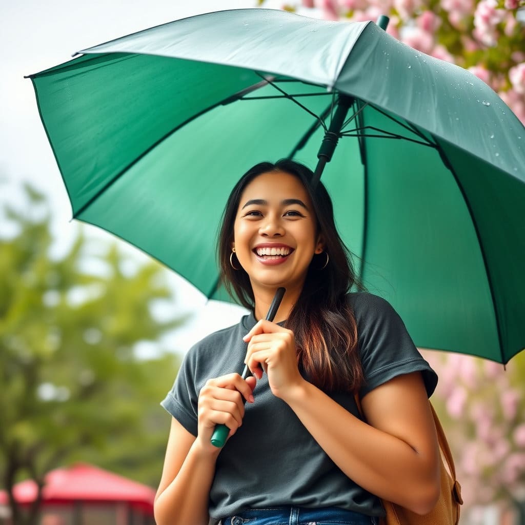 이벤트 참여를 통해 받은 스타벅스 우산을 들고 환하게 웃거나, 우산을 활용하여 비나 햇빛을 가리는 행복한 모습을 담은 이미지입니다