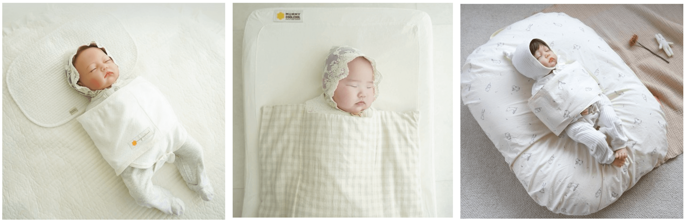 신생아를 재우는데 도움이 되는 아이템입니다. 아기가 안정적으로 잠을 잘 수 있도록 모로반사를 방지해주는 이불을 표현하고 있습니다.