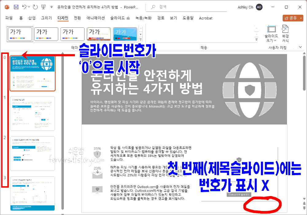 파워포인트ppt 슬라이드번호 0으로 시작되게 설정한 결과