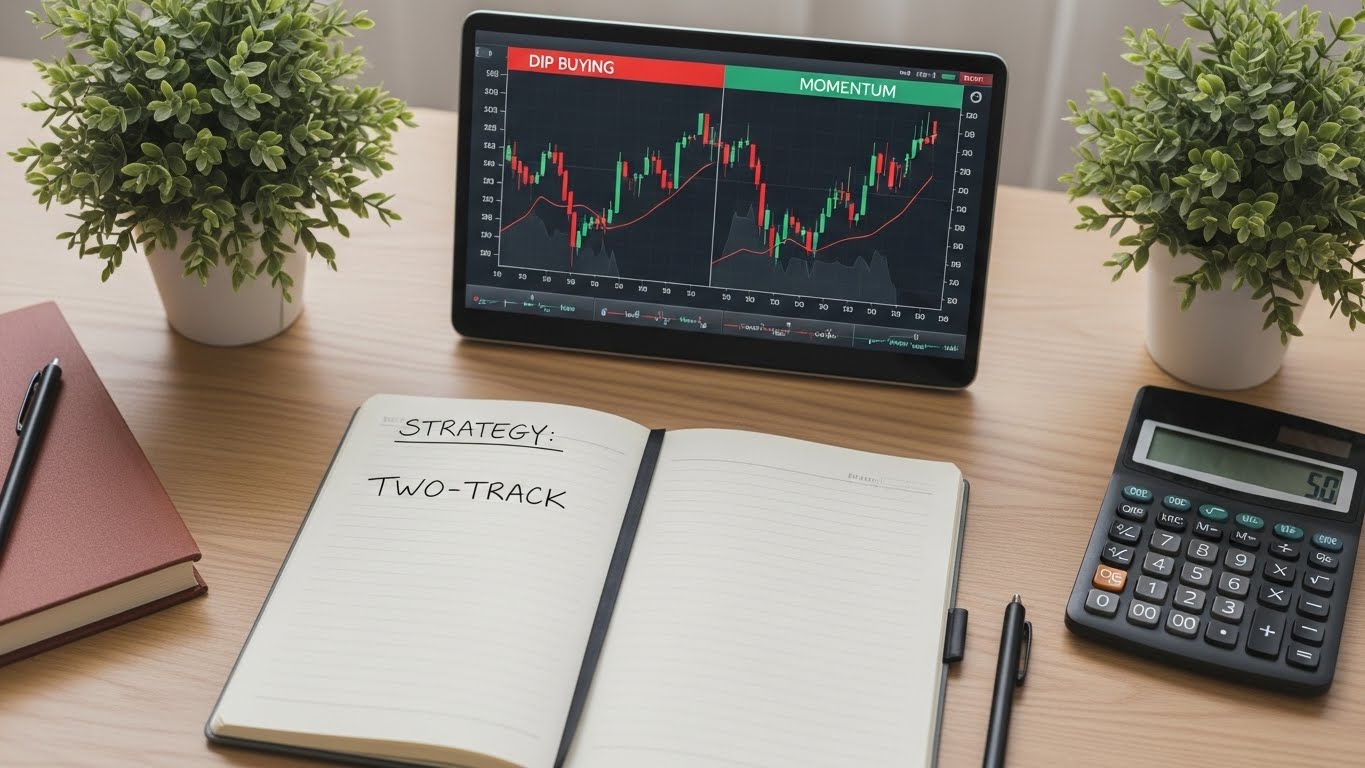 A neatly organized investor's desk with a notebook open to a page titled 'Strategy Two-Track', a calculator, and a split screen showing 'Dip Buying' and 'Momentum'.