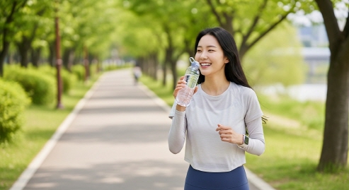 물병 들고 웃으며 걷는 여성