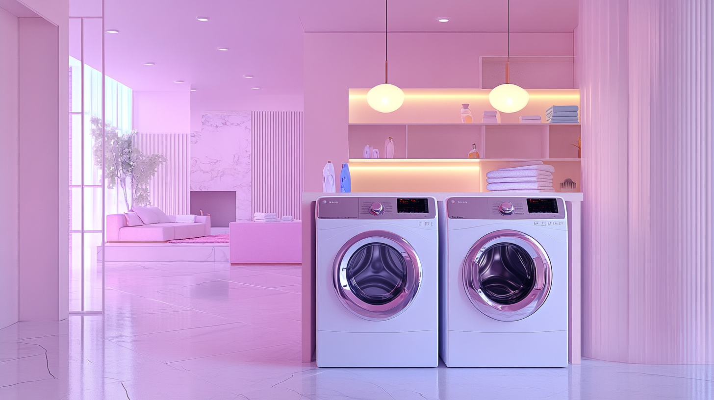 세련된 조명이 비치는 럭셔리 세탁실, 최신형 세탁기와 건조기가 배치된 개방형 구조의 집 내부.