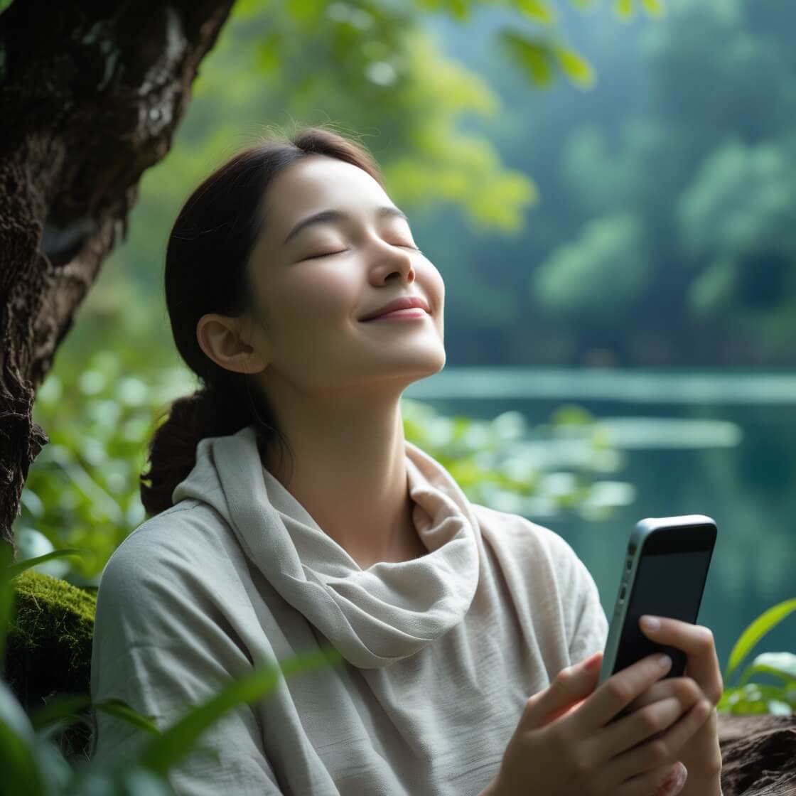 자연속에서 스마트폰을 끄고 눈을 감은 여성