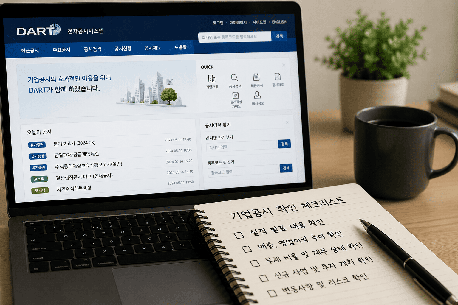 노트북 화면에 전자공시(DART)를 열어놓고 메모하는 모습