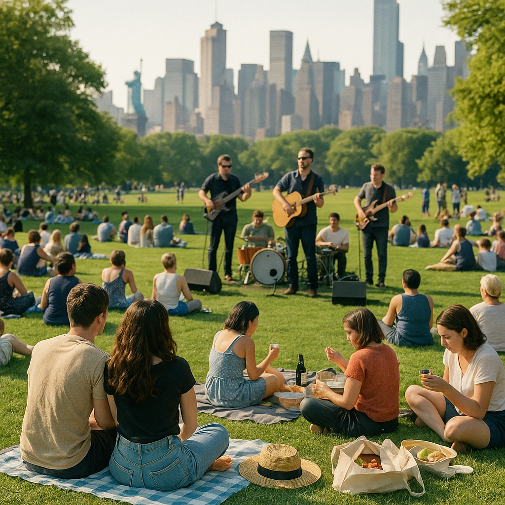 거리공연을 감상하며 피크닉을 즐기는 뉴욕 시민들