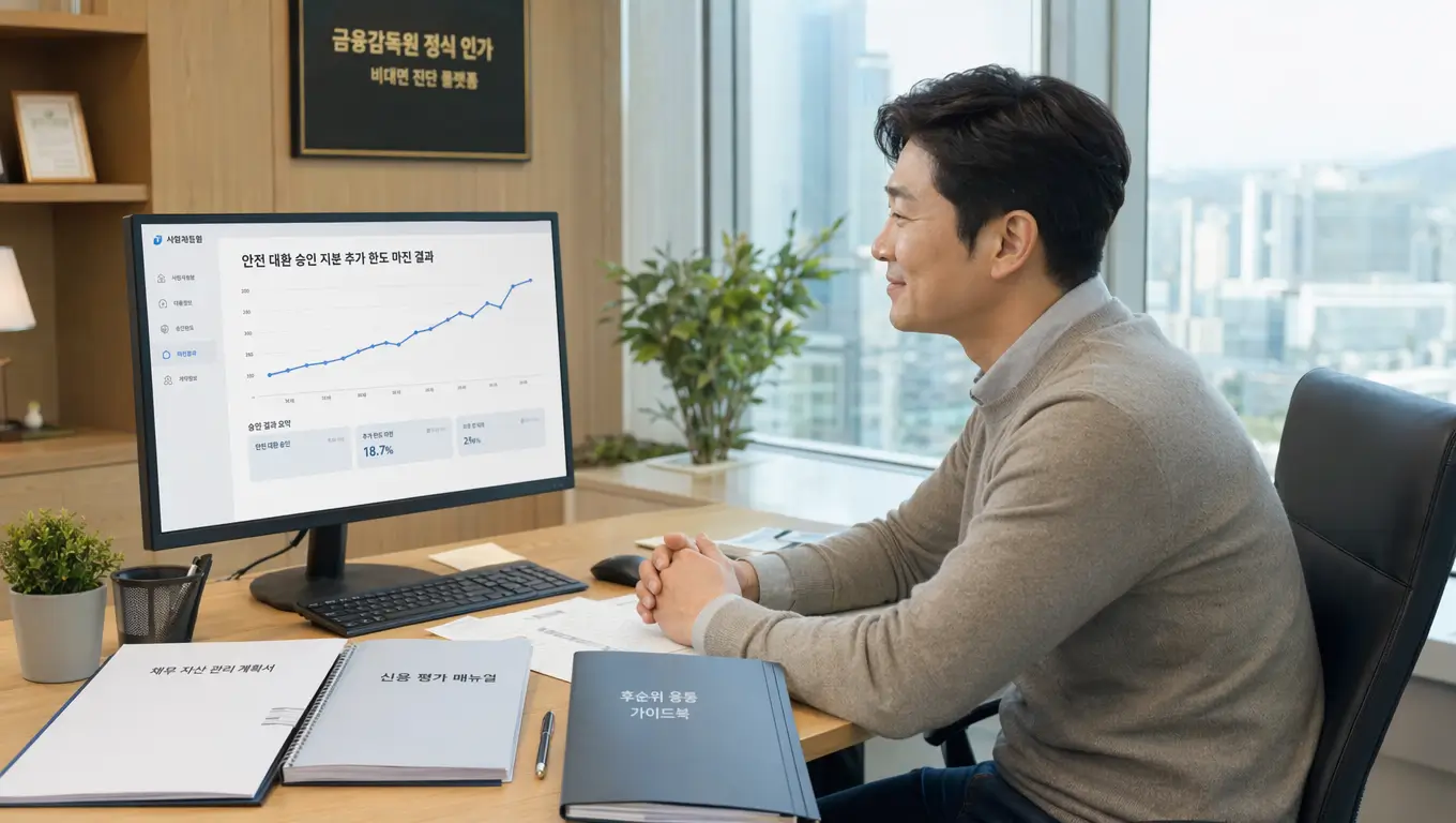 부동산 담보 추가 대출 특별 한도를 사수하고 핀테크 앱으로 아파트 후순위 담보 대출 우대 이율을 조율하는 모습
