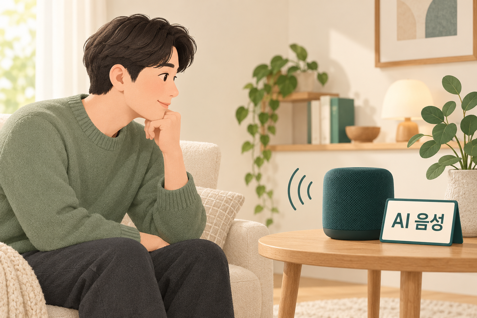 스피커 옆의 AI 음성 안내 표지를 확인하며 소리를 듣는 성인의 모습