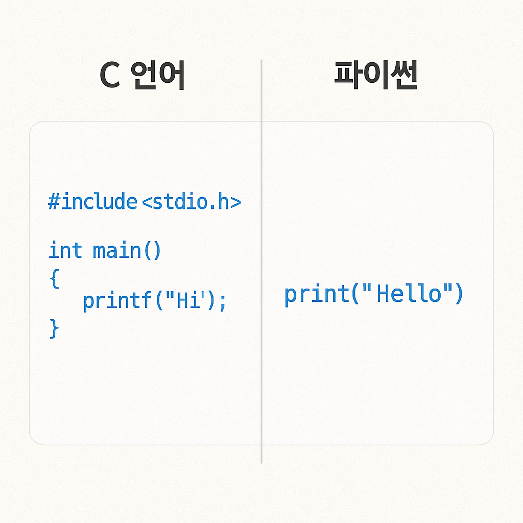 C 언어와 파이썬 코드 비교 – Hello 출력 방식 차이 예시