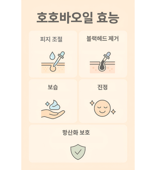 호호바오일의 주요 효능(보습, 피지 조절, 진정 등)을 요약한 한국어 인포그래픽 이미지
