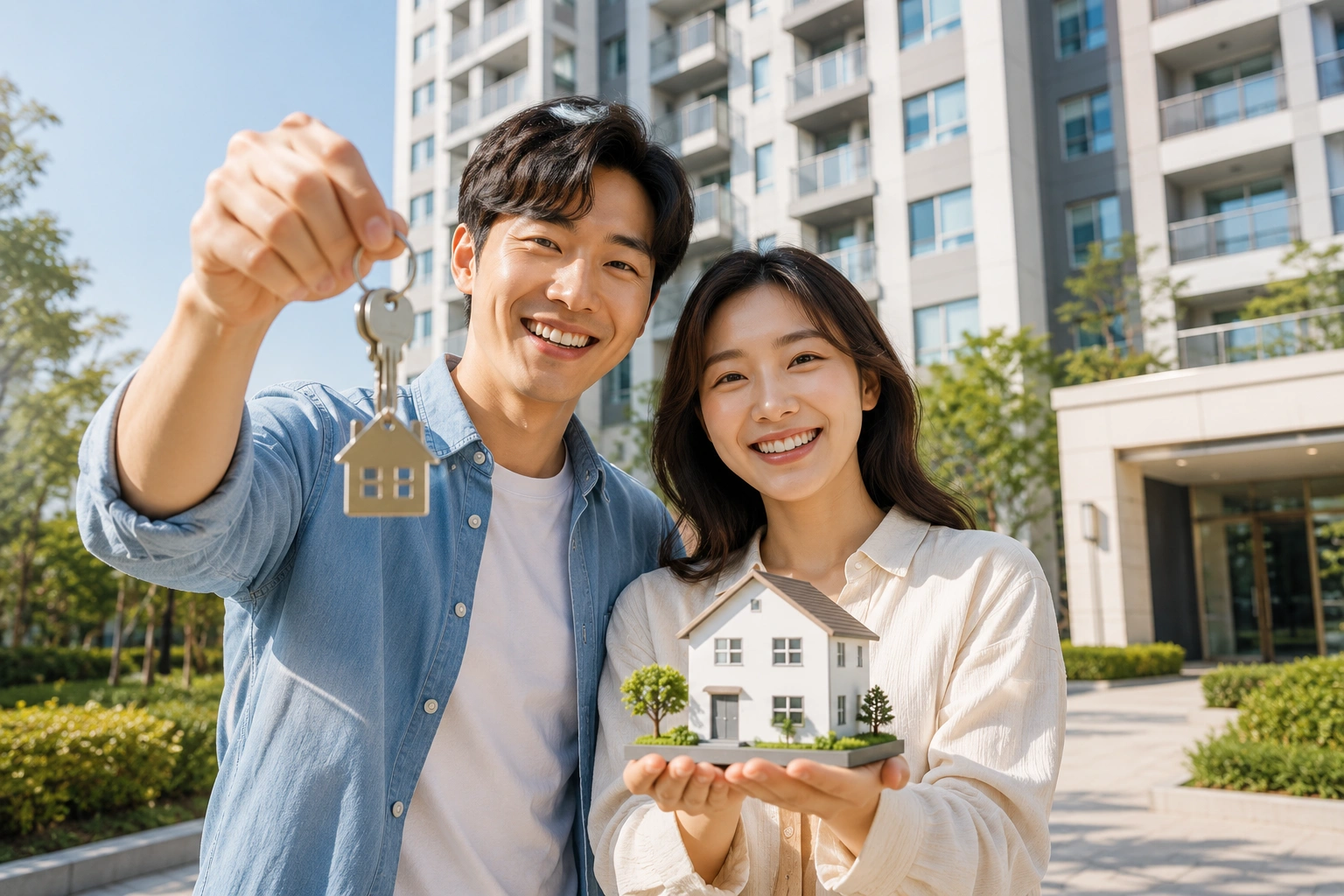 청년주택드림청약통장을 활용해 내 집 마련에 성공한 한국인 청년 부부가 새 아파트 앞에서 집 열쇠와 집 모형을 들고 환하게 웃는 모습