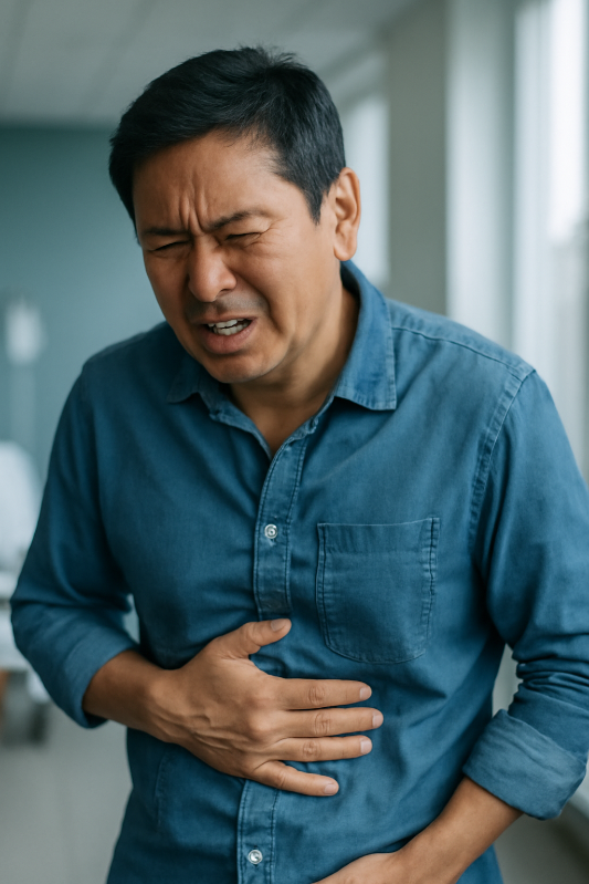 췌장이 아파 고통스러워 하는 이미지