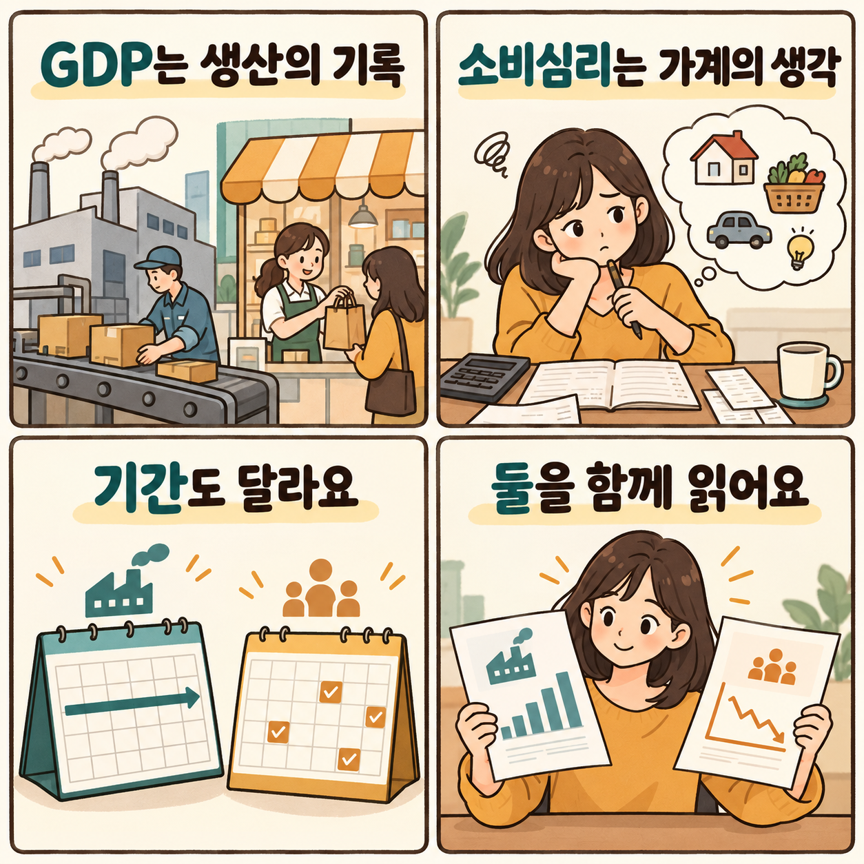 4컷 만화: GDP는 생산의 기록, 소비심리는 가계의 생각입니다. 두 지표는 측정 기간도 달라 함께 읽어야 합니다.