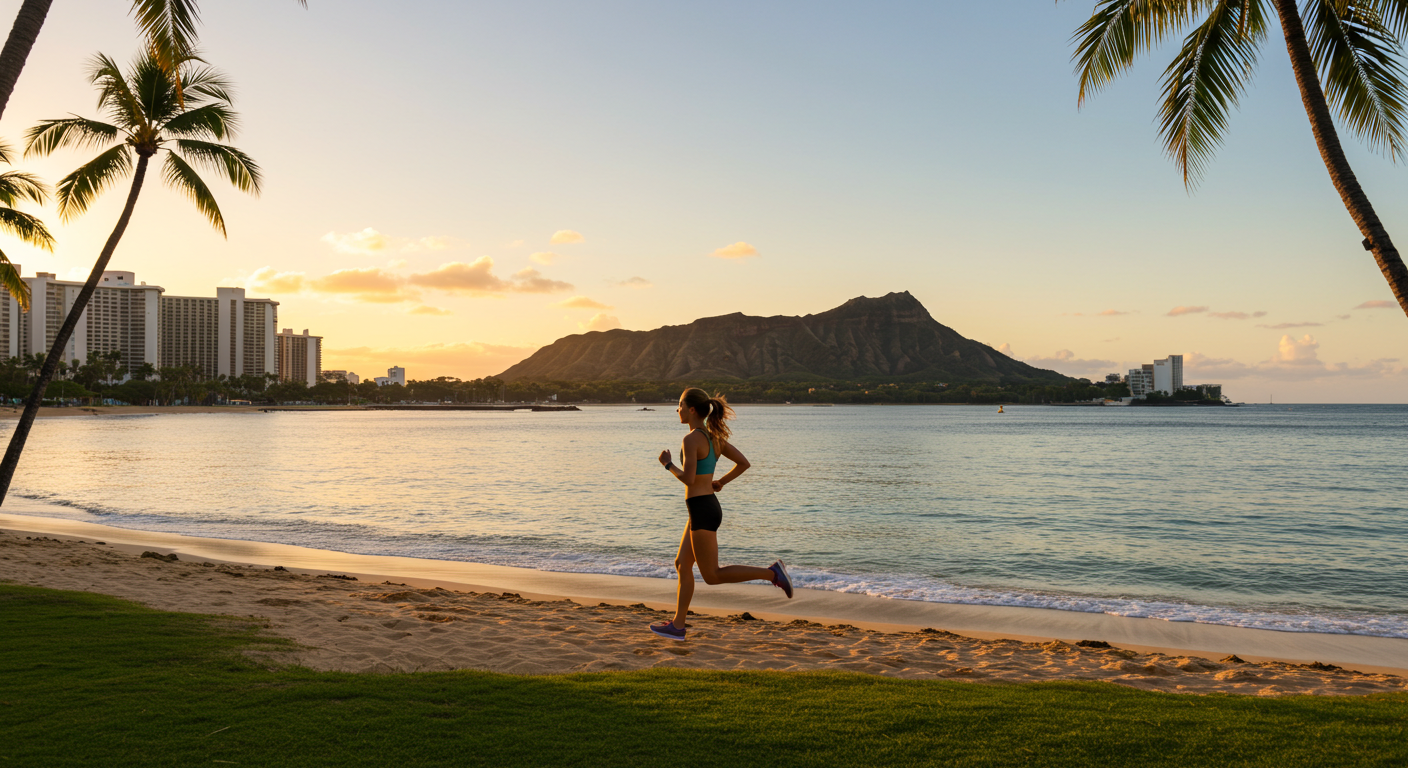 하와이 와이키키 해변에서 다이아몬드 헤드를 보며 달리는 여성 러너