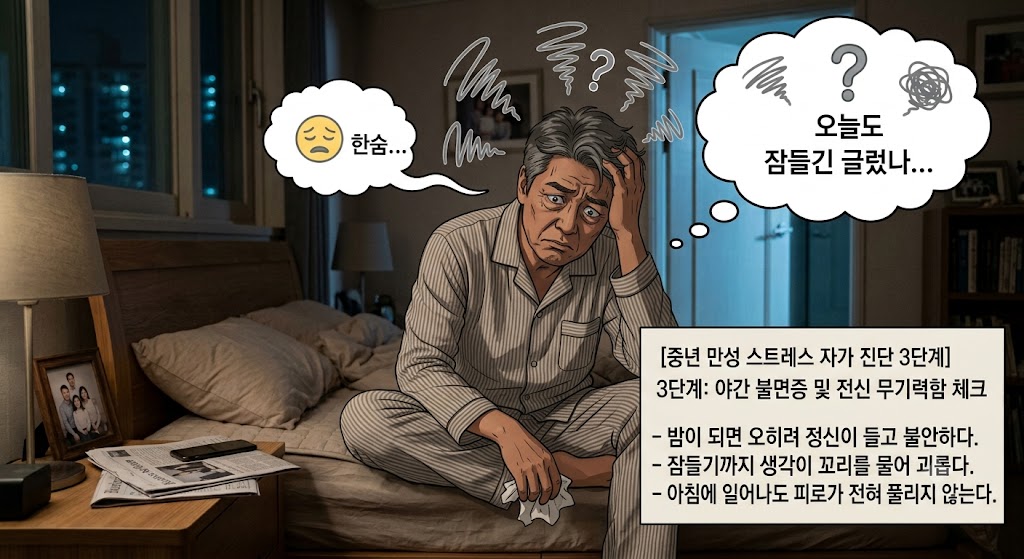 중년 남성이 어두운 침대에서 이리저리 뒤척이며 결국 잠을 이루지 못하 한숨을 쉬거나 머리를 쥐어 뜯는 모습. 스트레스성 불면증 증상을 시각적으로 표현한 애니메이션 이미지.
