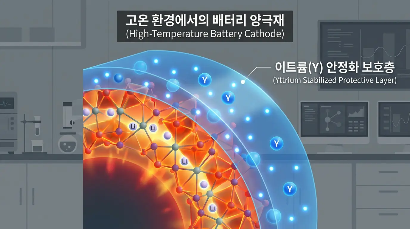이트륨이 양극재 표면에서 안정화층을 형성해 고온 환경에서 배터리 구조를 보호하는 모습을 나타낸 과학 일러스트