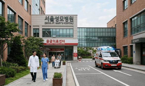 병원 응급실 복도와 구급차가 보이는 응급처치 가이드 메인 이미지